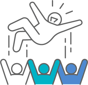 複数の人が歓喜の様子で一人を胴上げしているシンプルなアイコン風イラスト